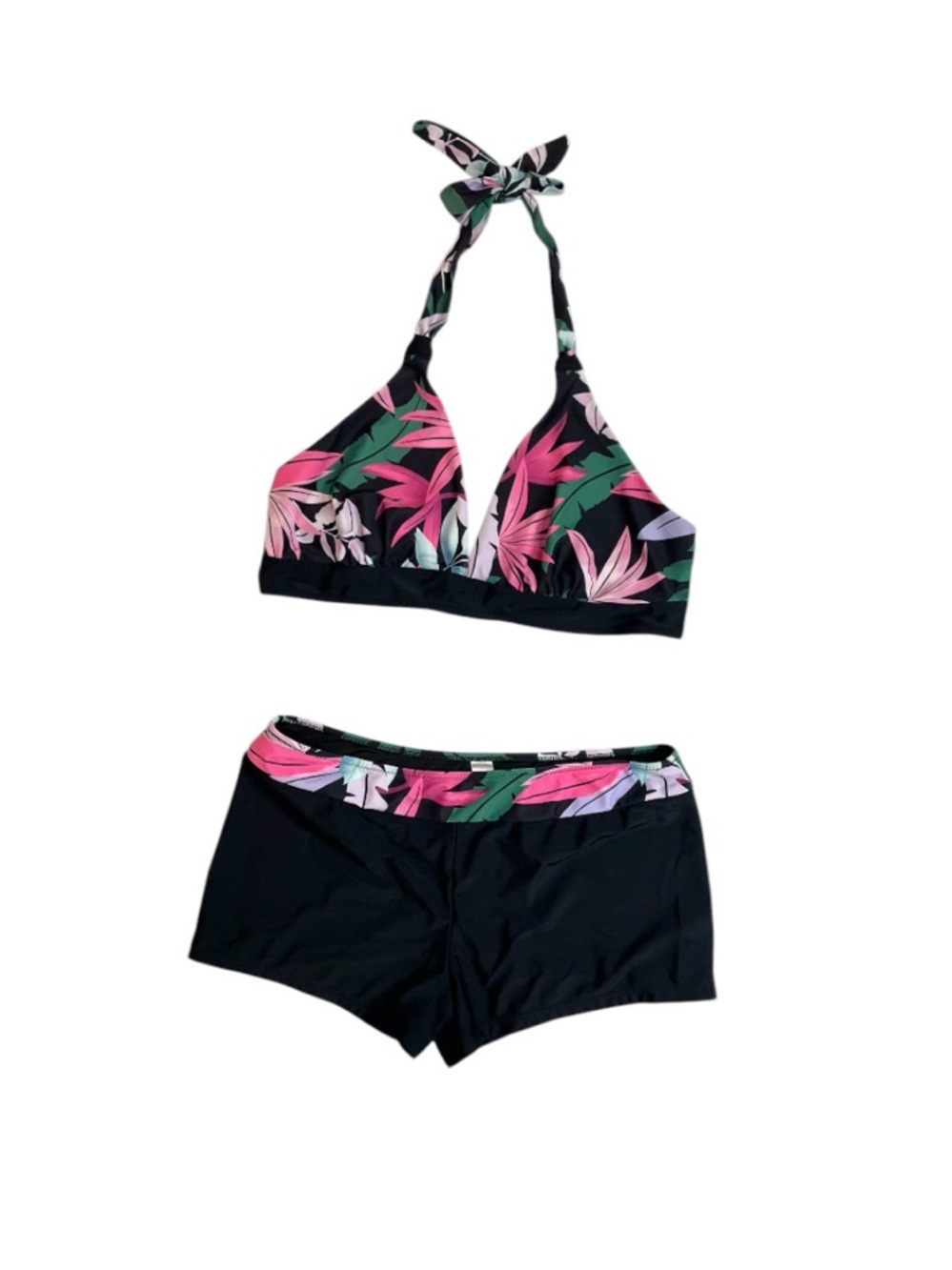 Black Floral Halter Two-Piece Swim Set - Pink & Green